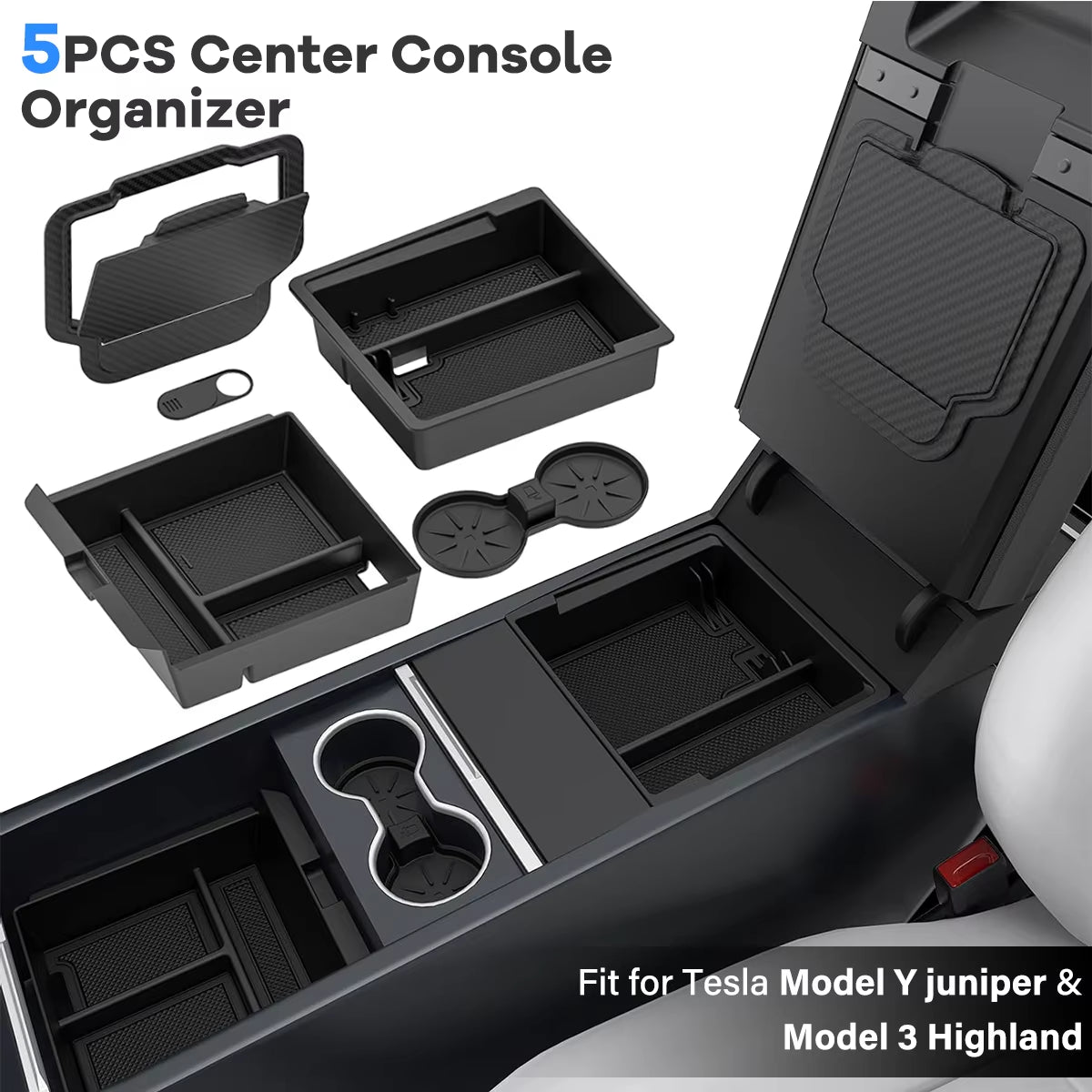 For Tesla Model Y Juniper 2025 Console Armrest Storage Box for Tesla Model 3 Highland 2024 2025 Non-Slip Mat Cup Holder